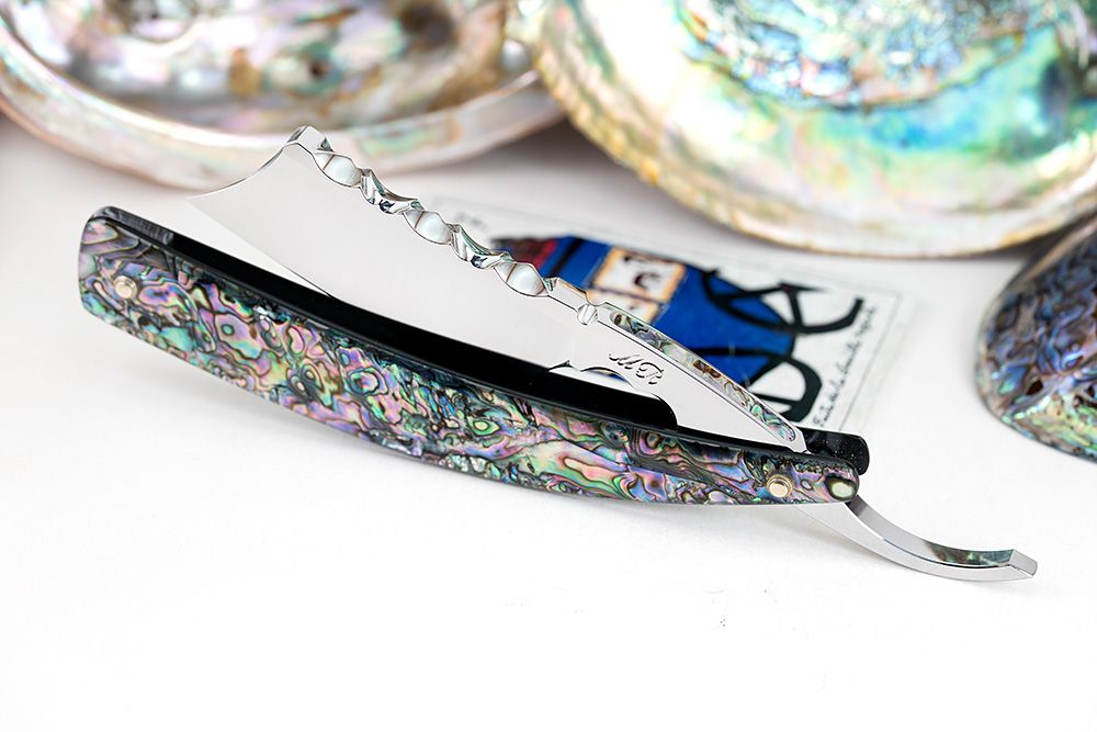 9/8, 1/2 Hollow, Classic File-Work Spine, Upper Tang Abalone, Personalization 2 letter script font,  Abalone ALVS scales