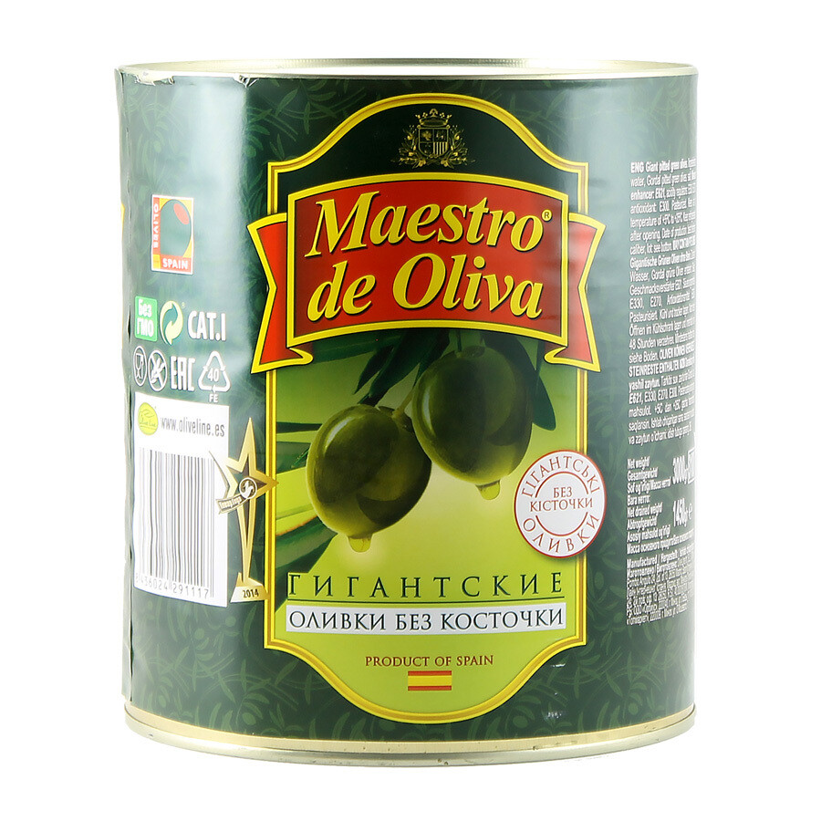 Оливки гигант зеленые без косточки (калибр 90-110), МАЭСТРО ДЕ ОЛИВА, 3кг