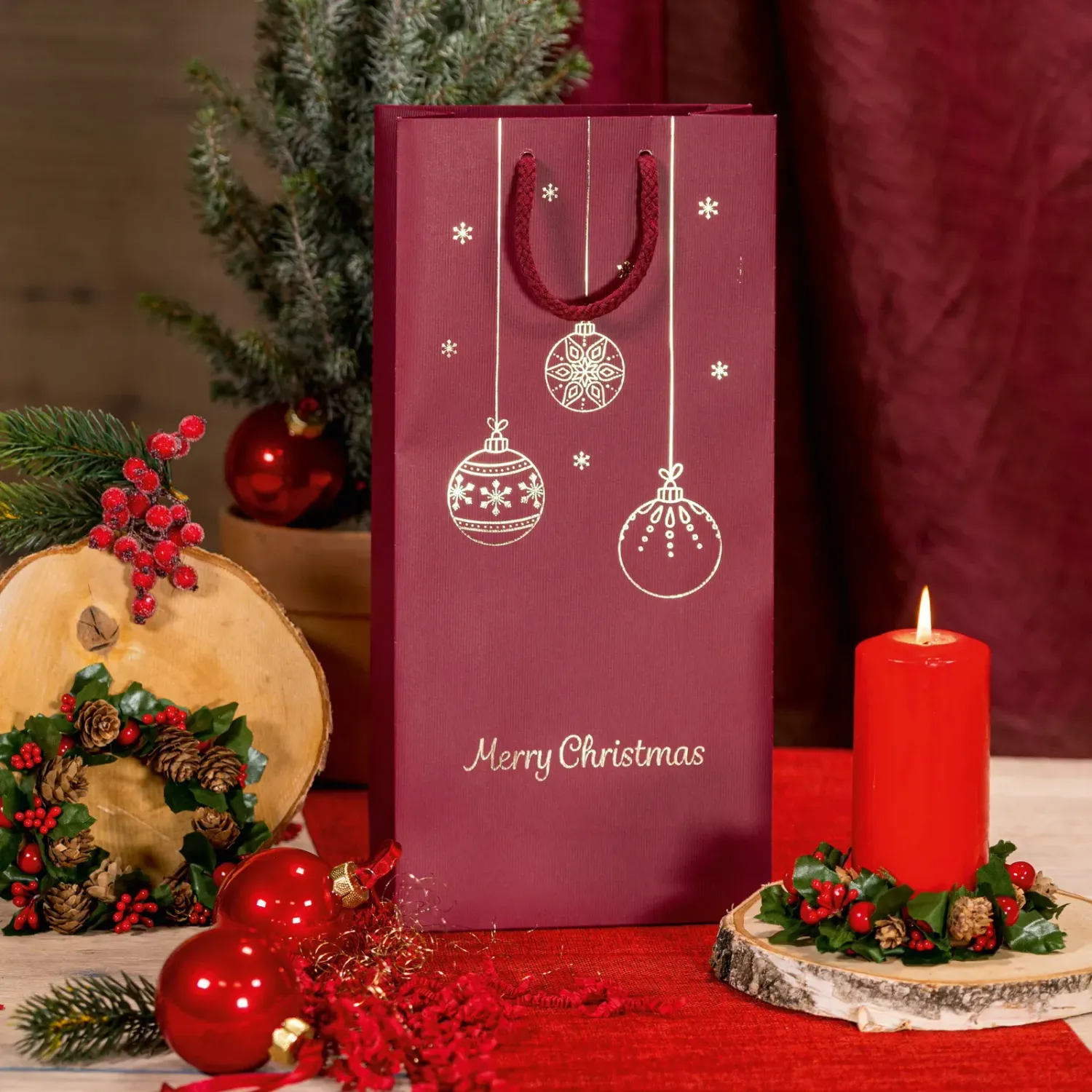 Papiertasche Linea Christbaum Rot 2er mit Goldprägung
