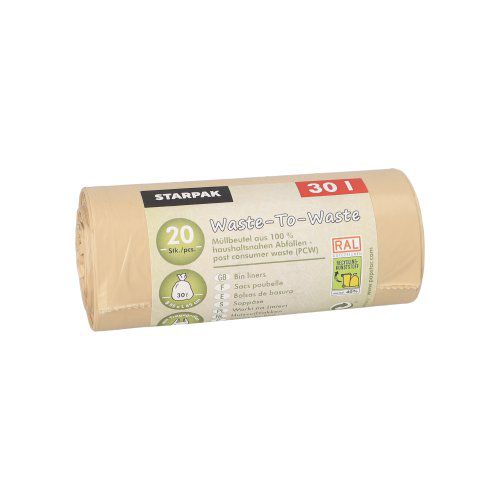 20 Müllbeutel mit Tragegriffen aus 100% PCW &quot;Waste-To-Waste&quot; 30 l 64,5 cm x 54 cm beige – Karton (500 St.)