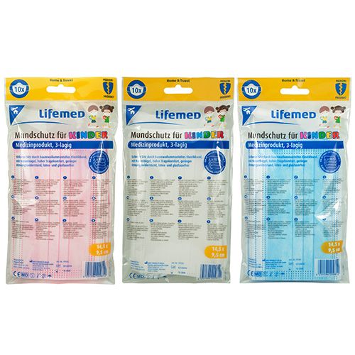 10 &quot;Lifemed&quot; Kinder-Mundschutz 3-lagig 9,5 cm x 14,5 cm farbig sortiert mit Nasenbügel – Karton (240 St.)