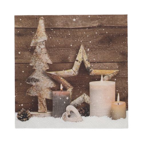 20 Servietten, 3-lagig 1/4-Falz 33 cm x 33 cm &quot;Candles and Stars&quot; – Karton (300 St.)
