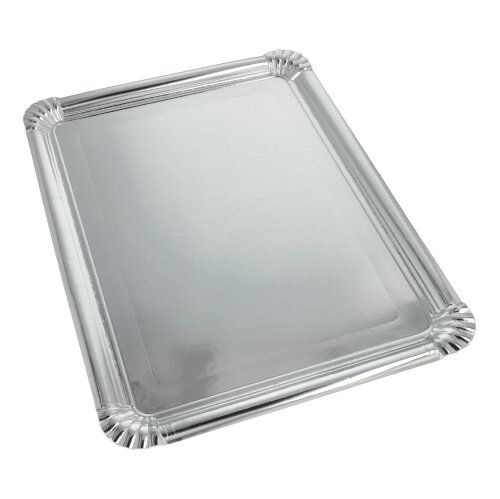 10 Servierplatten, Pappe, PET-beschichtet eckig 34 cm x 45,5 cm silber – Karton (100 St.)