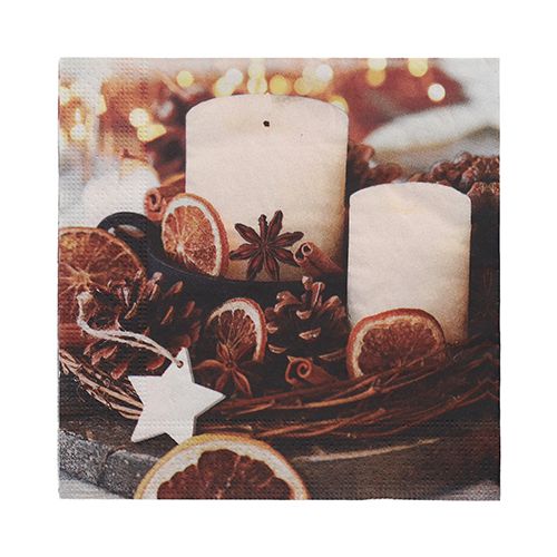 20 Servietten, 3-lagig 1/4-Falz 33 cm x 33 cm &quot;Candles and Pine Cones&quot; – Karton (300 St.)