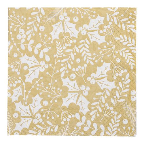 20 Servietten, 3-lagig 1/4-Falz 40 cm x 40 cm gold &quot;Houx et Gui&quot; – Karton (300 St.)