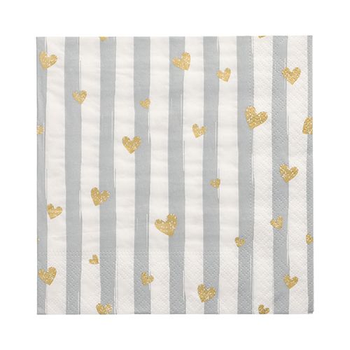 30 Servietten, 3-lagig 1/4-Falz 33 cm x 33 cm grau &quot;Golden Hearts&quot; – Karton (360 St.)