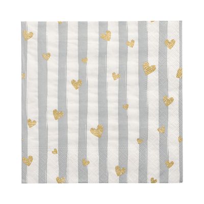 30 Servietten, 3-lagig 1/4-Falz 33 cm x 33 cm grau &quot;Golden Hearts&quot; – Karton (360 St.)