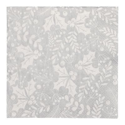 20 Servietten, 3-lagig 1/4-Falz 40 cm x 40 cm silber &quot;Houx et Gui&quot; – Karton (300 St.)