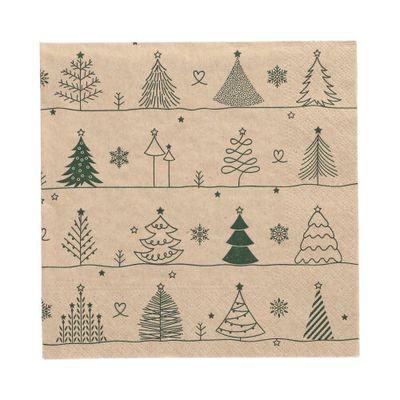 20 Servietten, 3-lagig 1/4-Falz 33 cm x 33 cm natur "Various X-Mas Trees" aus recyceltem Papier – Karton (300 St.)