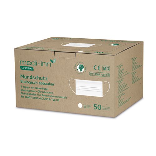 50 &quot;Medi-Inn GREEN&quot; Mundschutz Type IIR 3-lagig 9,5 cm x 17,5 cm weiss 3-lagig, biologisch abbaubar – Karton (500 St.)