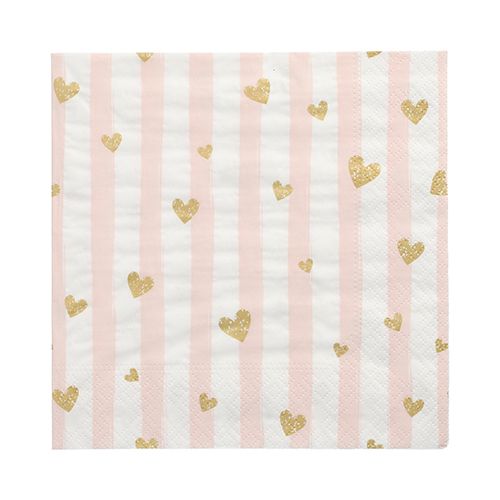 30 Servietten, 3-lagig 1/4-Falz 33 cm x 33 cm pink &quot;Golden Hearts&quot; – Karton (360 St.)