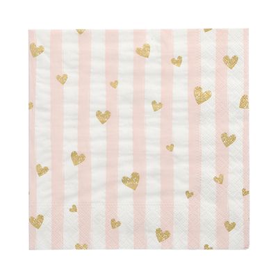 30 Servietten, 3-lagig 1/4-Falz 33 cm x 33 cm pink &quot;Golden Hearts&quot; – Karton (360 St.)