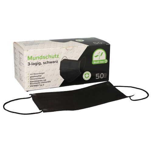 50 &quot;Medi-Inn&quot; Mundschutz Type II 3-lagig 9 cm x 17,5 cm schwarz mit Nasenbügel – Karton (500 St.)