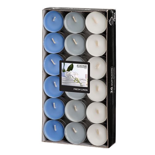 36 &quot;GALA&quot; Duftlichte Ø 38 mm · 17 mm weiss - Fresh Linen &quot;Ton in Ton&quot; – Karton (288 St.)