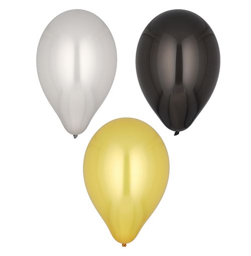 6 Luftballons Ø 25 cm schwarz/gold/silber – Karton (72 St.)