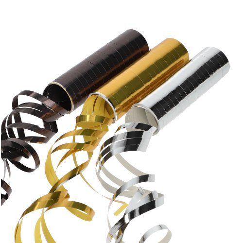 3 Luftschlangen 4 m schwarz/gold/silber &quot;Metallic&quot; – Karton (36 St.)
