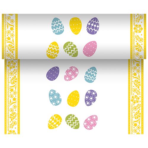 Tischläufer, stoffähnlich, Airlaid 24 m x 40 cm &quot;Coloured Eggs&quot; – Rolle gesamt ca. 144 m (Karton)