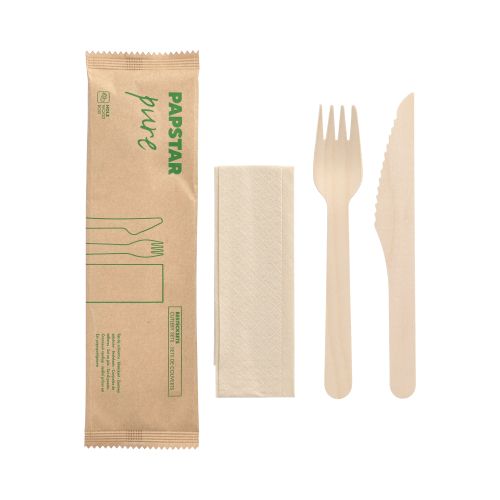 50 Besteckset, Holz &quot;pure&quot; : Messer, Gabel, Serviette in Papierbeutel – Karton (500 St.)