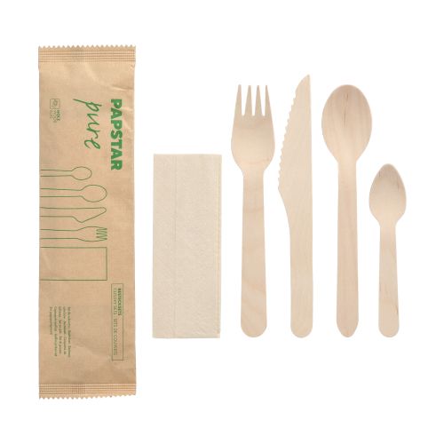 50 Bestecksets Holz &quot;pure&quot; : Messer, Gabel, Löffel, Kaffeelöffel, Serviette in Papierbeutel – Karton (500 St.)