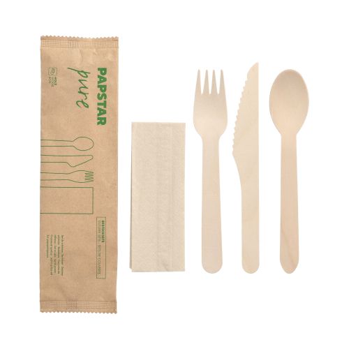 50 Bestecksets, Holz &quot;pure&quot; : Messer, Gabel, Löffel, Serviette in Papierbeutel – Karton (500 St.)