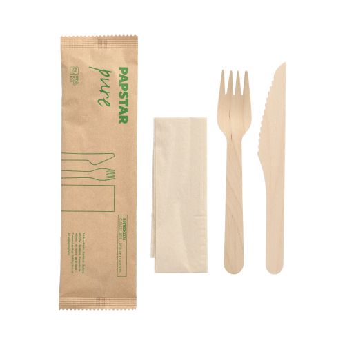 Besteckset, Holz &quot;pure&quot; : Messer, Gabel, Serviette in Papierbeutel – Karton (50 St.)