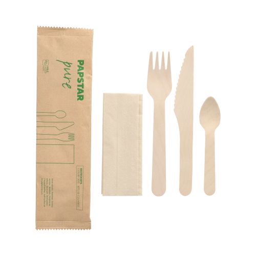 50 Bestecksets Holz &quot;pure&quot; : Messer, Gabel, Kaffeelöffel, Serviette in Papierbeutel – Karton (500 St.)