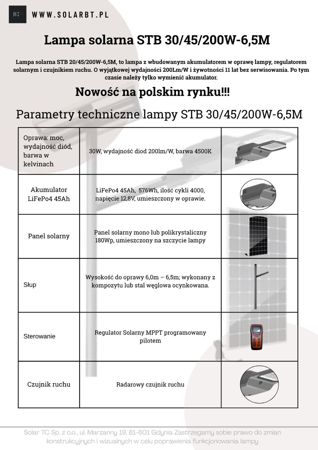 Lampa Solarna z Oprawą LED STB 30/45/200W-6,5M