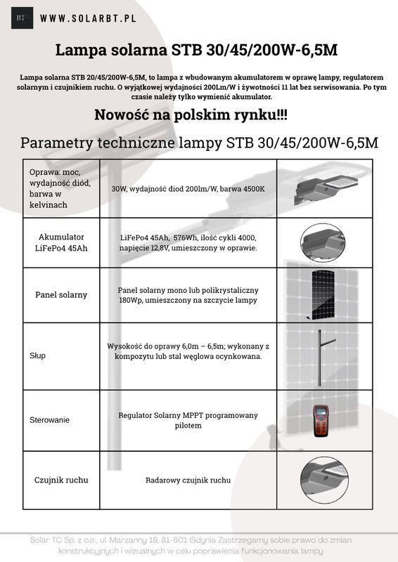 Lampa Solarna z Oprawą LED STB 30/45/200W-6,5M