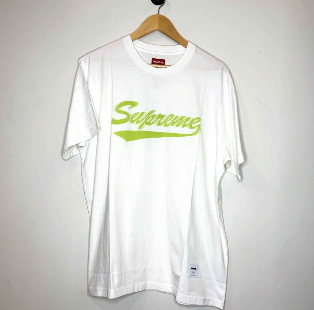 Supreme Intarsia Script Tee White/Lime, Size: L