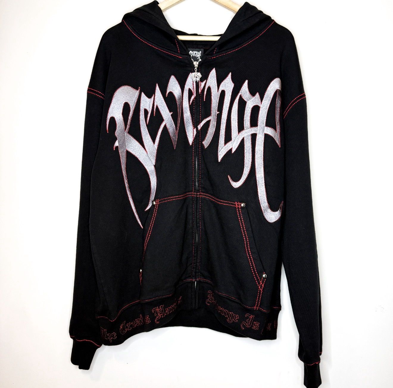 Revenge Contrast Skull Embroidered Zip Hoodie, Color: Black, Size: XL