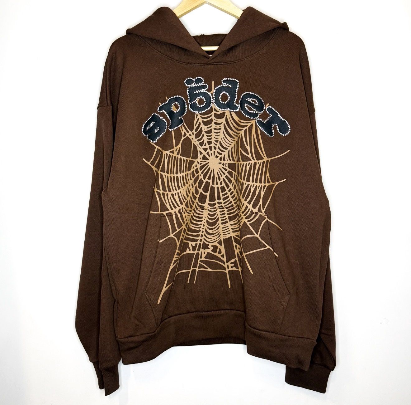 SP5DER OG Web Rhinestone Hoodie, Color: Brown, Size: XL