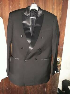 Men's Black double breasted tuxedo with black pant, Size 46R, pant waist 40" ready to ship, free DHL shipping worldwide