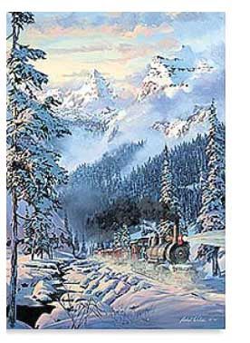 Steam Loco in Snowy Mountain Background Christmas Cards