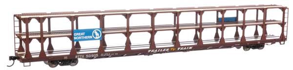89&#39; Flatcar w/Tri-Level Open Auto Rack - Great Northern Rack Trailer-Train Flatcar RTTX