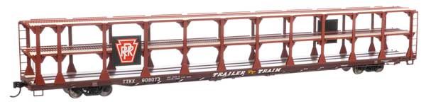 89&#39; Flatcar w/Tri-Level Open Auto Rack - Pennsylvania Railroad Rack Trailer-Train Flatcar