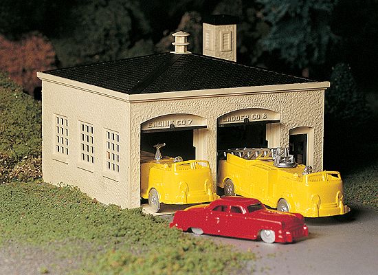 O Scale - Plasticville U.S.A.(R) Classic Kits -- Fire House w/Pumper Truck, Ladder Truck &amp; Fire Chief Car