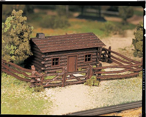 O Scale - Plasticville U.S.A.(R) Classic Kits -- Log Cabin w/Rustic Fence