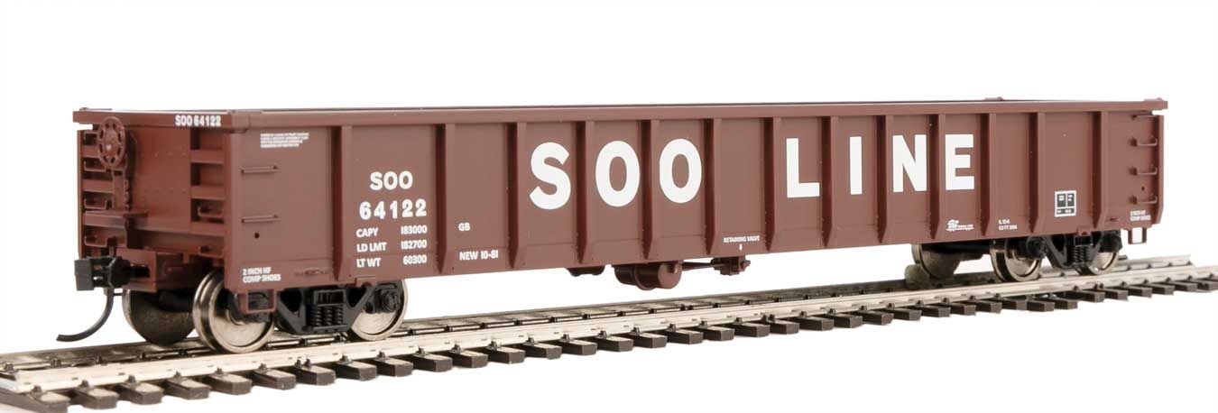53' Railgon Gondola - Ready To Run -- Soo Line #64122 (oxide, white, large name)