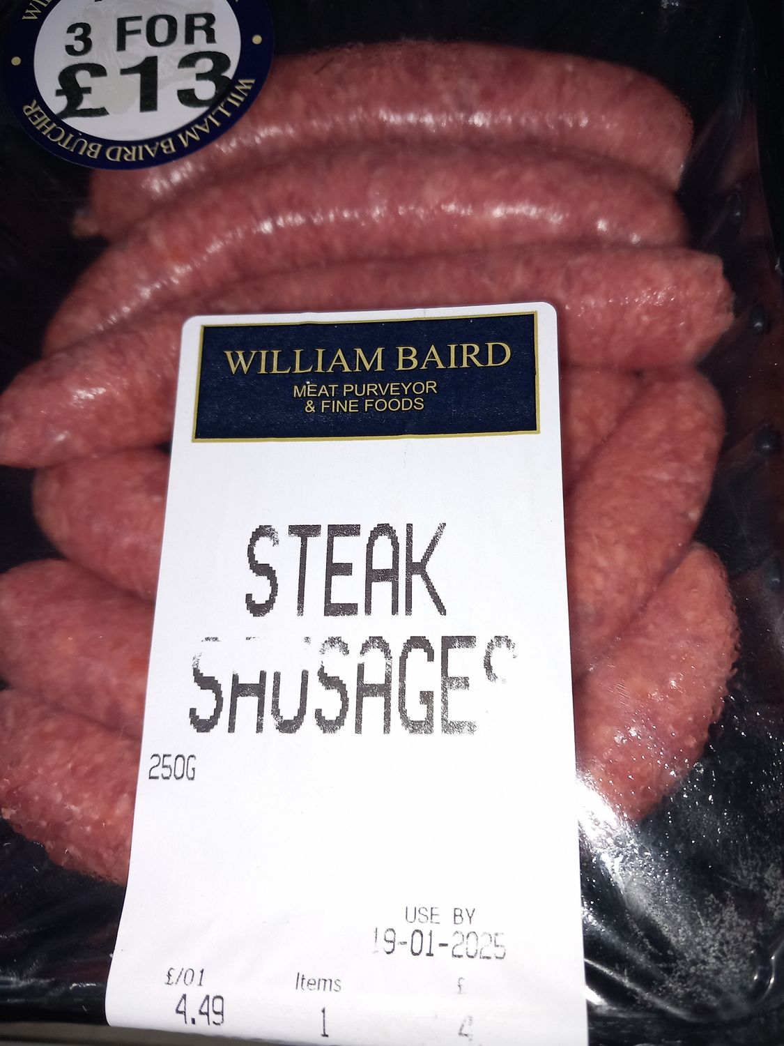 William Bairds Steak Sausage (3 FOR £13)