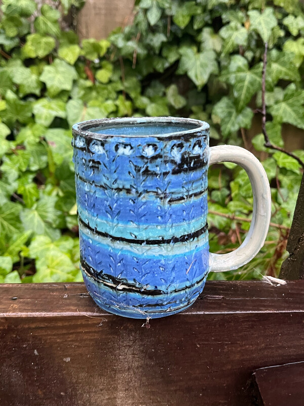 colored clay marble blue carved mug