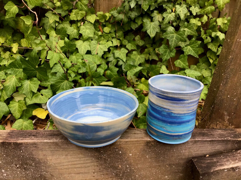colored clay marble blue cup and bowl set