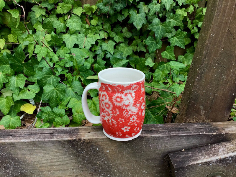 red floral Butterfly Designs red and white mug