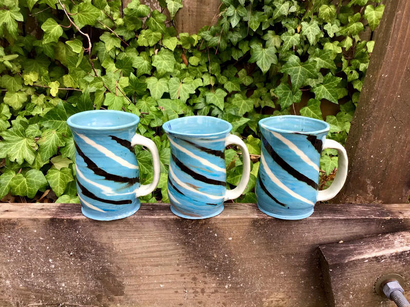 tiger striped teal/blue set of three mugs