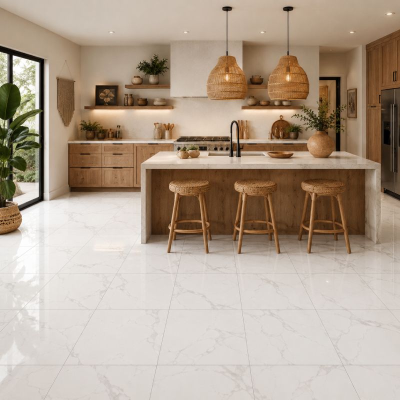 Mistique Carrara Shiny Porcelain Floor Tile - 600 x 600mm Mistique Carrara Shiny Porcelain Floor Tile - 600 x 600mm