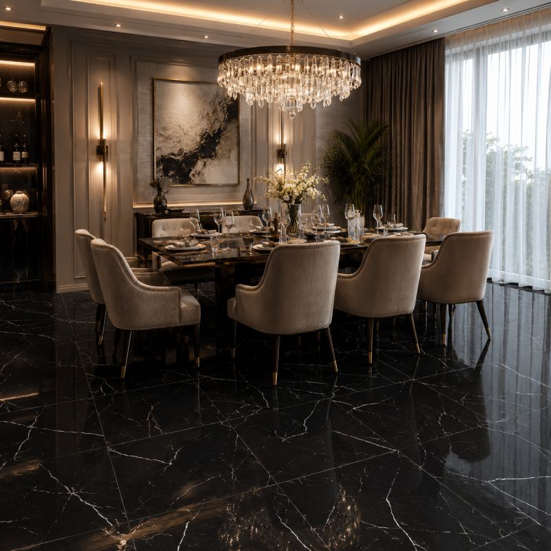 Marquina Black Shiny Porcelain Floor Tile - 600 x 600mm Marquina Black Shiny Porcelain Floor Tile - 600 x 600mm
