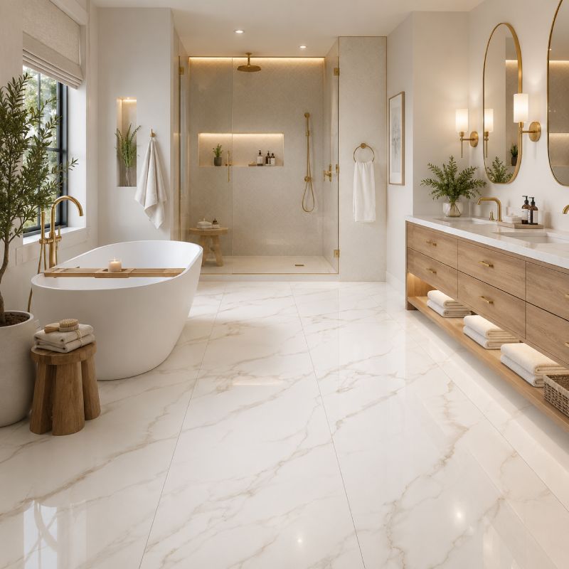 Calacatta Aurora Shiny Porcelain Floor Tile - 600 x 1200mm