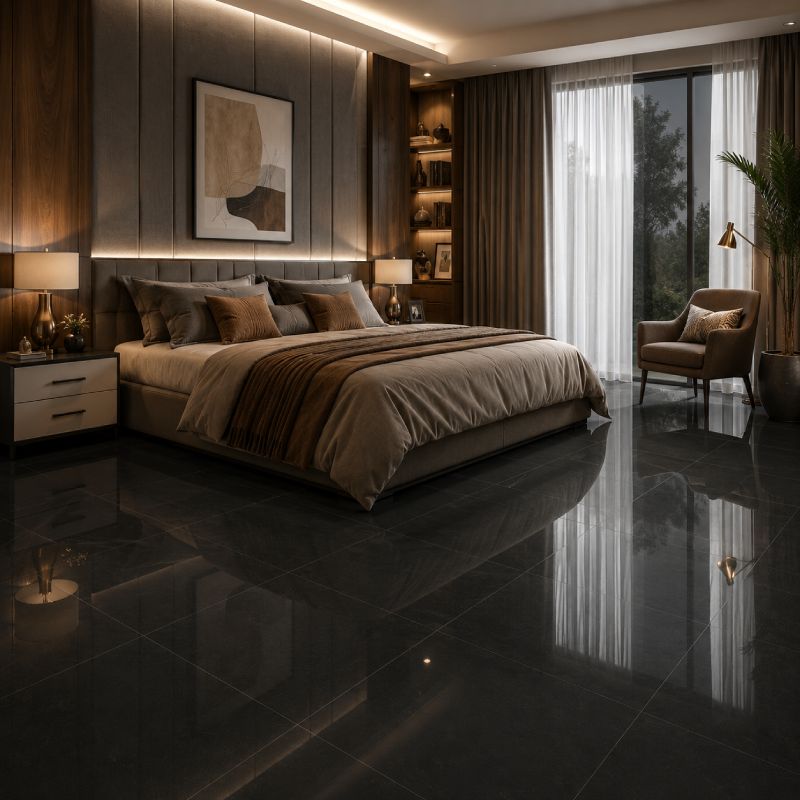 Pure Black Shiny Porcelain Floor Tile - 600 x 600mm