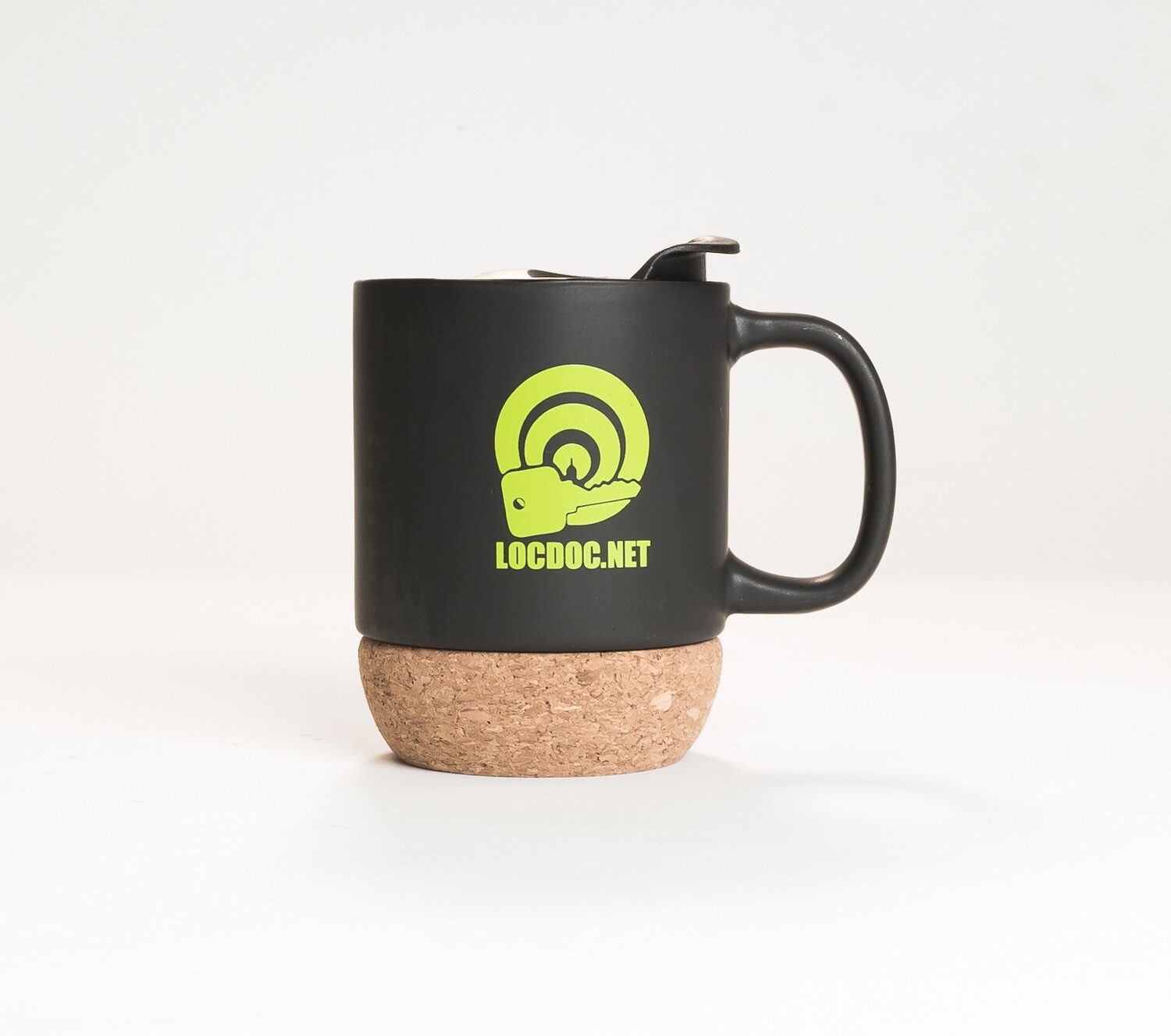 Matte Black Cork Bottom Mug with Lid 14oz Store LocDoc Security