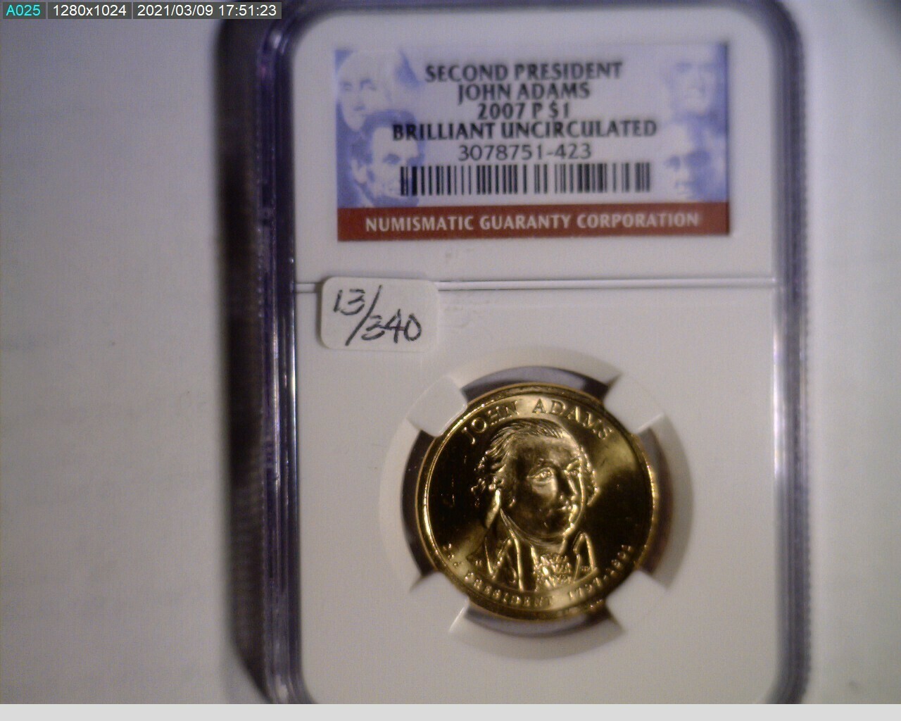 2007-P John Adams Presidential Dollar NGC BU