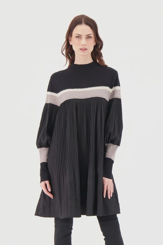 STRIPED PLEATED TUNIC DRESS-SAND